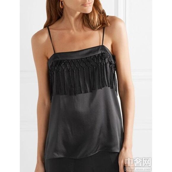 CAMI NYC Blain Fringed‎ Silk Sleeveless Top Black Square Neck - Picture 1 of 7